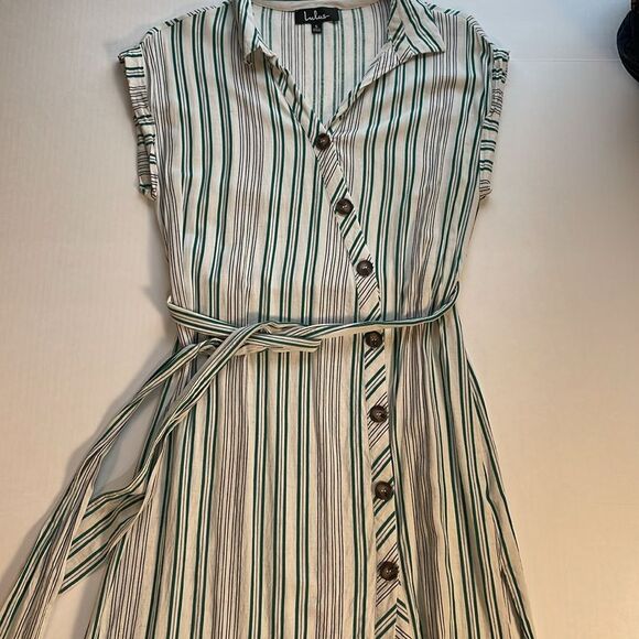 Lulus Back to Classics Green and White Striped Midi Shirt Dress Linen Blend S - Picture 7 of 14